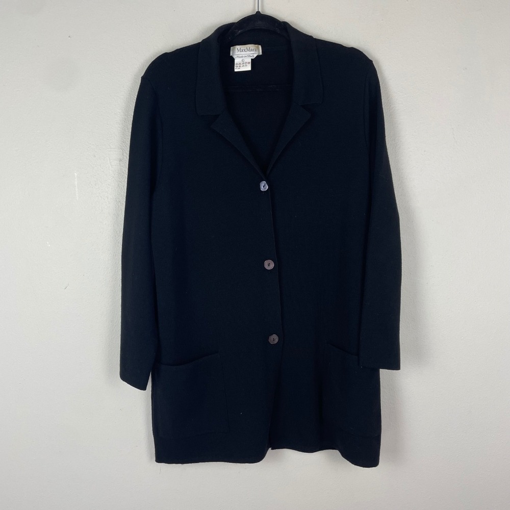 Max Mara Women's L Italy Wool Knit Blazer Long Cardigan Coat Black 100%‎ Wool